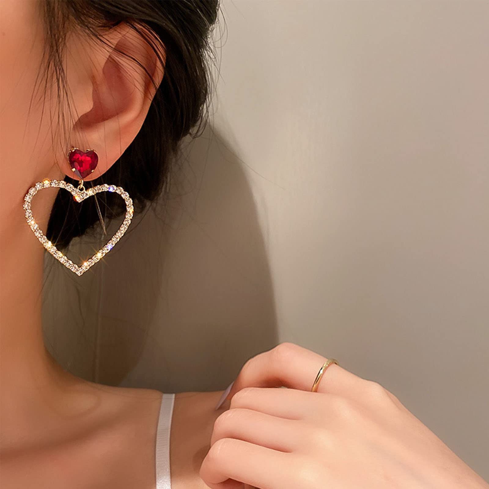 YienDoo Heart Crystal Hoop Drop Earrings Red Ruby Heart Stud Rhinestones Cluster Hollow Love Heart Dangle Earrings Gold Sparkly Exaggerated Bridal Prom Earrings Jewelry for Women Girls