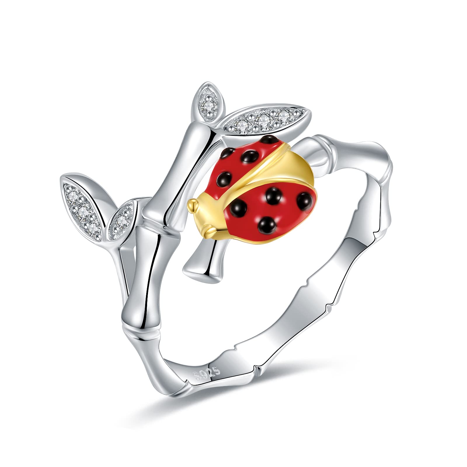 JZWUYAN Silver Ladybug Bamboo Leaves Ring - 925 Sterling Silver Cute Ladybug with Bamboo Leaf Jewelry for Women, Red Ladybug Animal on The Bamboo Adjustable Rings Gifts for Her