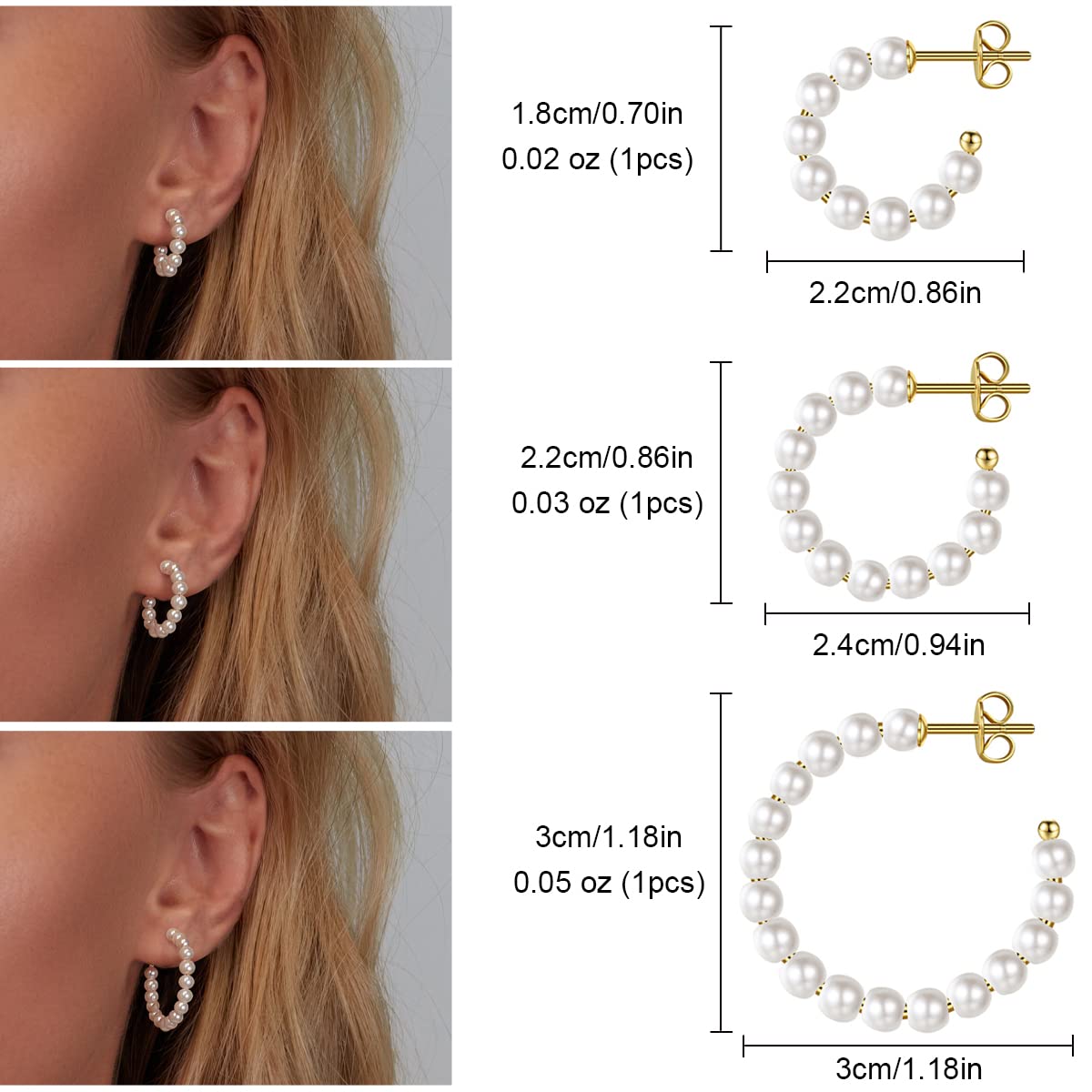 MUYAN 3 Pairs Pearl Hoop Earrings for Women,Gold Plated Pearl Earrings Lightweight Hoops White Pearl Hoops