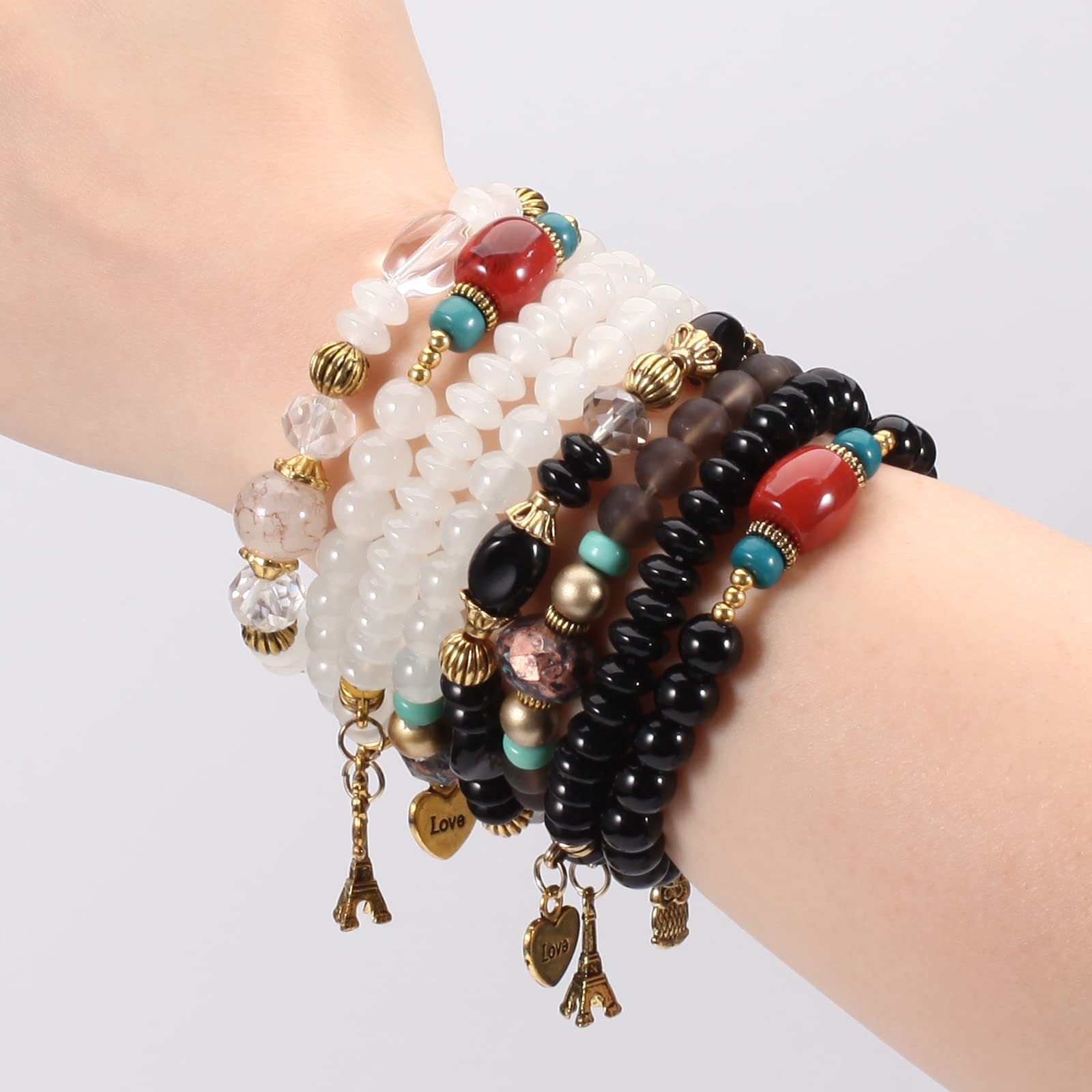 Stretch Bohemian Bracelets for Women Tower Love Owl Stackable Multilayer Colorful Beaded Charm Bracelet Friends Gifts Handmade Jewelry