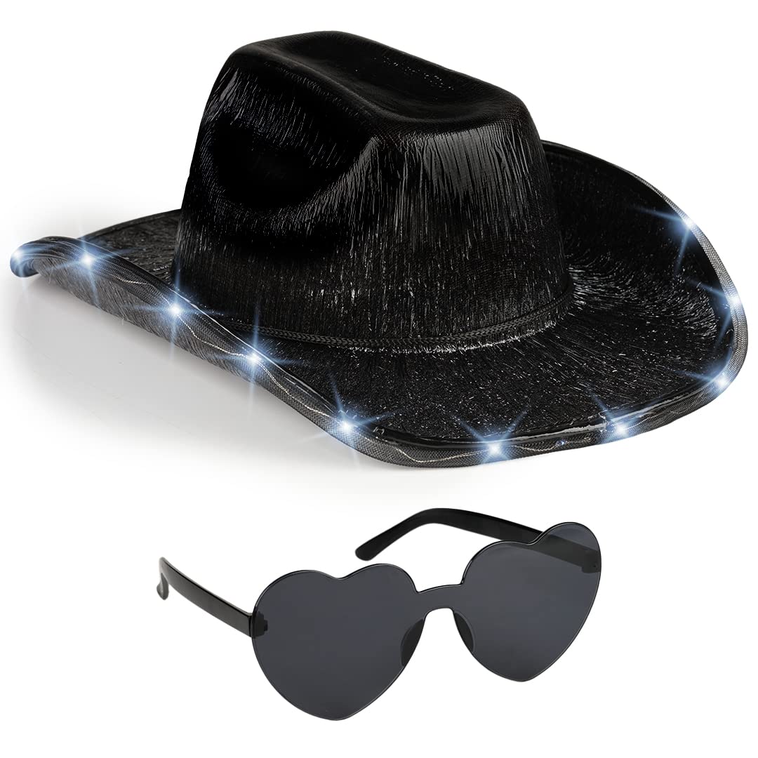 Funcredible Black Light Up Cowboy Hat and Glasses - Led Cowgirl Hat for Girls - Neon Cowboy Hat - Cowgirl Costume Accessories for Women