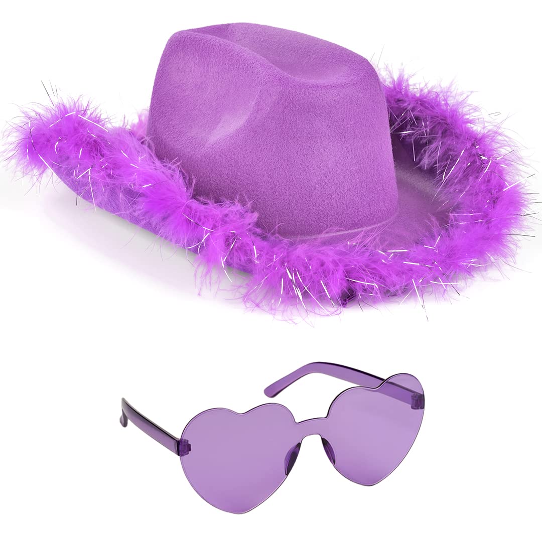 Funcredible Purple Cowboy Hat and Glasses - Fluffy Cowgirl Hat with Star for Girls - Cowboy Hat with Feathers - Hannah Costume - Halloween Accessories for Women