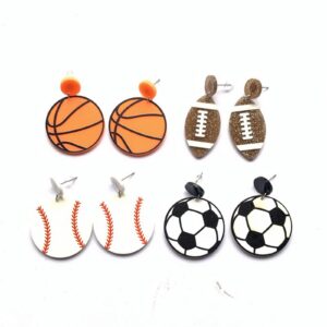 Acrylic Baseball Earrings Cool Punk Football Baseball Basketball Sports Drop Dangle Earrings Lightweight Rugby Soccer Statement Earring for Women Sport Lover Jewelry Gift-A 4pcs