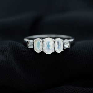 Rosec Jewels Moonstone Oval Cut Three Stone Ring with Diamond, Aaa Quality, 14K White Gold, Size:US 6.00