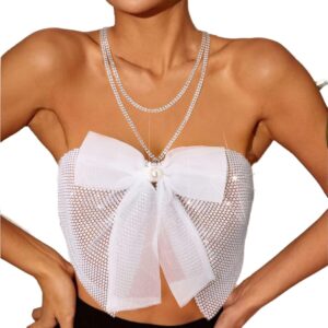 wriidy rhinestone bra bikini sparkly beach top mesh fishnet pearl underwear body chain accessories nightclub jewelry for women and girls (white)