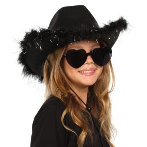 Funcredible Black Cowboy Hat and Glasses - Fluffy Cowgirl Hat with Star for Girls - Cowboy Hat with Feathers - Cowgirl Accessories - Halloween Accessories for Women