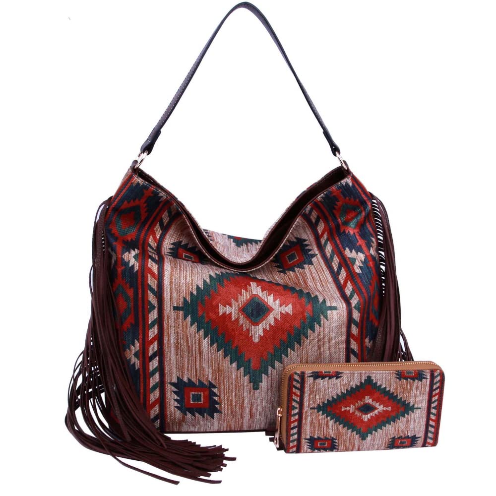 Aztec Tribal Print Canvas Vegan Leather Side Fringe Large Hobo Tote Handbag Wallet Set (Stone)