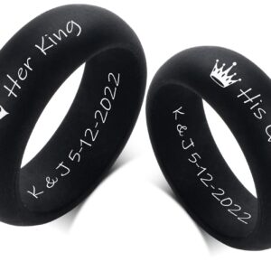 YUNGELX Custom Inside Her King & His Queen Silicone Couple Matching Ring Set for Him Her 8MM Black Breathable Silicone Rubber Dome Rings Comfort Fit Wedding Band for Girlfriend Boyfriend