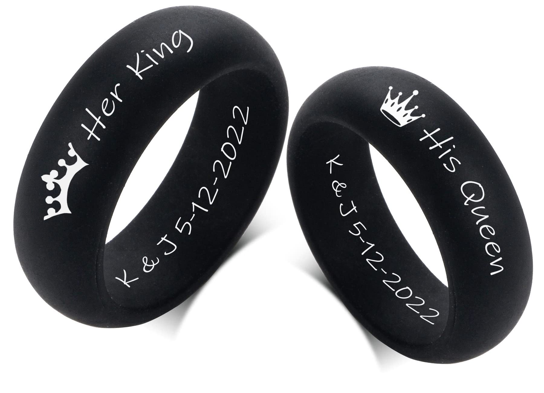 YUNGELX Custom Inside Her King & His Queen Silicone Couple Matching Ring Set for Him Her 8MM Black Breathable Silicone Rubber Dome Rings Comfort Fit Wedding Band for Girlfriend Boyfriend