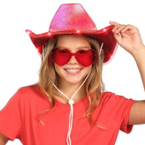 Funcredible Red Light Up Cowboy Hat and Glasses - Led Cowgirl Hat for Girls - Neon Cowboy Hat - Cowgirl Costume Accessories for Women