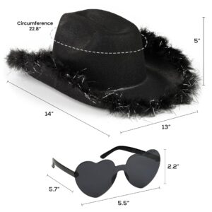 Funcredible Black Cowboy Hat and Glasses - Fluffy Cowgirl Hat with Star for Girls - Cowboy Hat with Feathers - Cowgirl Accessories - Halloween Accessories for Women