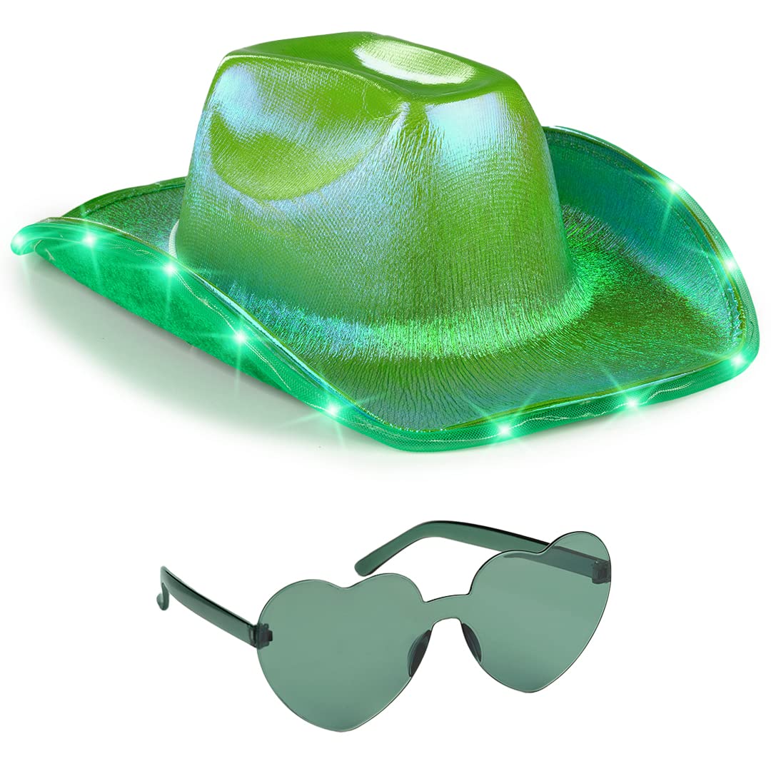 Funcredible Green Light Up Cowboy Hat and Glasses - Led Cowgirl Hat for Girls - Neon Cowboy Hat - Cowgirl Costume Accessories for Women