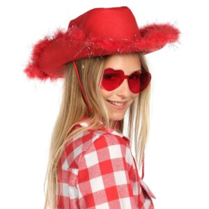 Funcredible Red Cowboy Hat and Glasses - Fluffy Cowgirl Hat with Star for Girls - Cowboy Hat with Feathers - Cowgirl Accessories - Halloween Accessories for Women