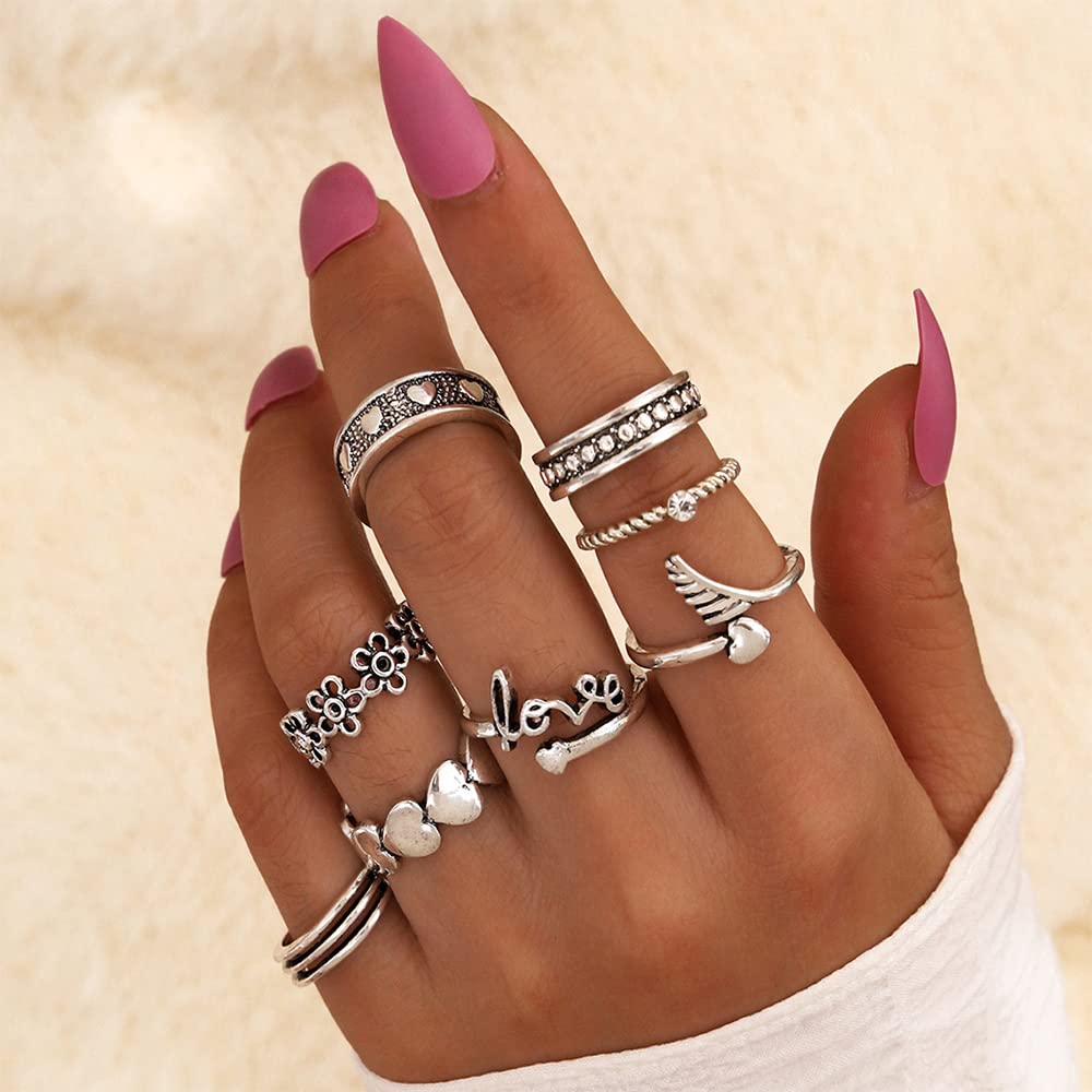 Chmier 8 Pcs Boho Retro Silver Midi Rings Set Flower Band Joint Rings Love Heart Cupid's Arrow Stackable Rings for Women