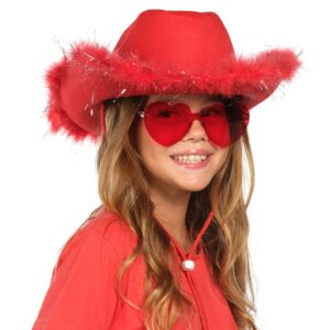 Funcredible Red Cowboy Hat and Glasses - Fluffy Cowgirl Hat with Star for Girls - Cowboy Hat with Feathers - Cowgirl Accessories - Halloween Accessories for Women