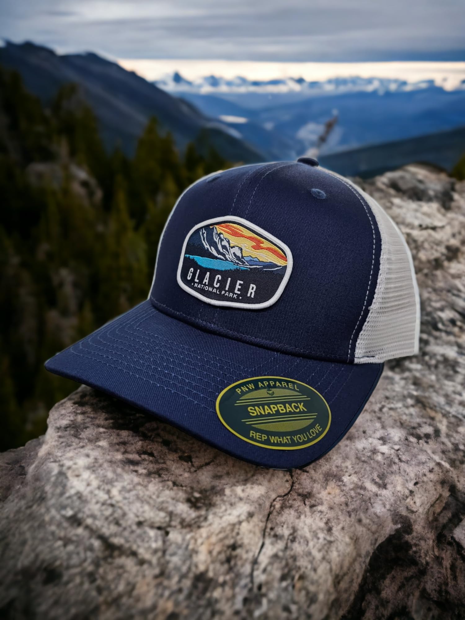 Glacier Trucker Hat w/National Park Woven Patch (Navy/White)