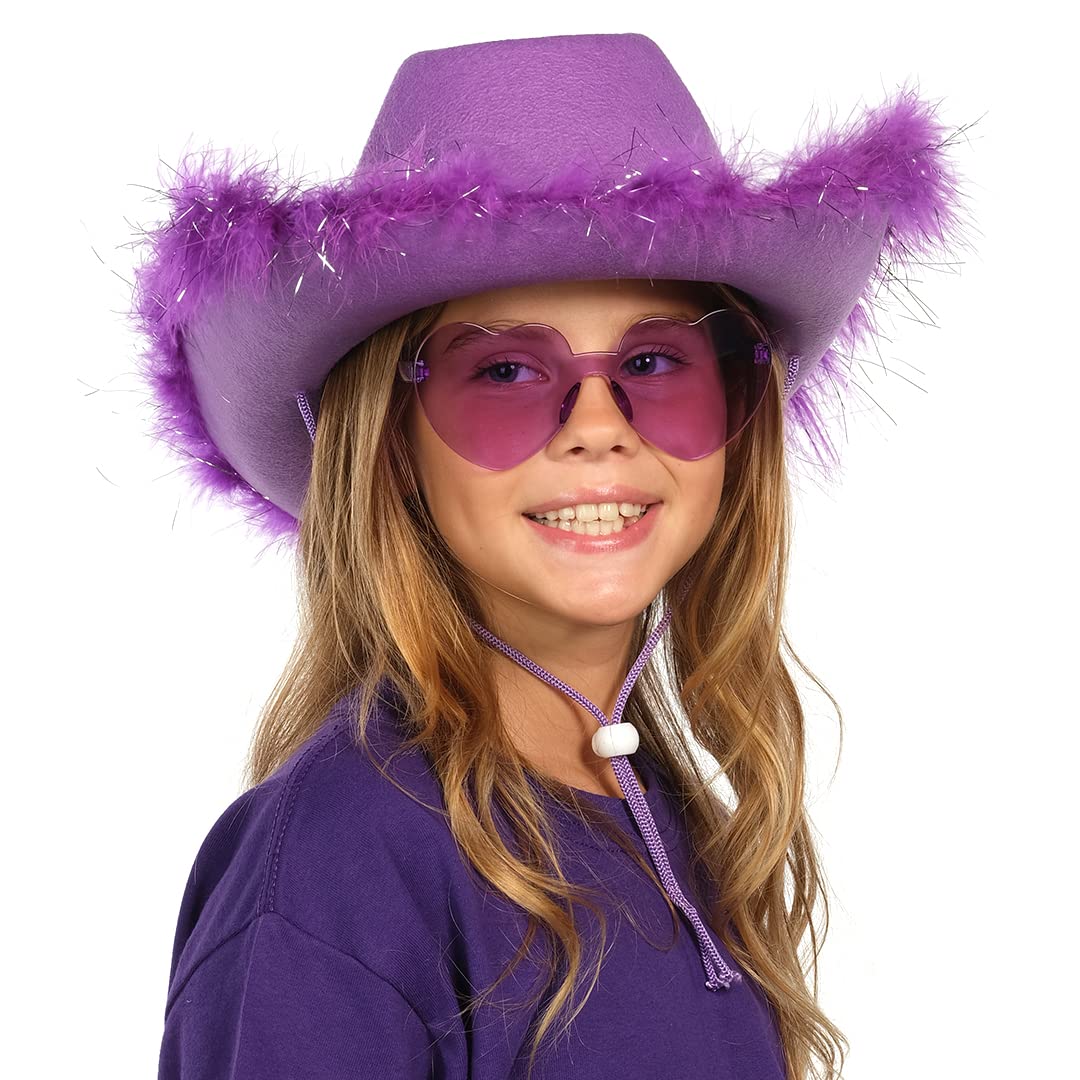 Funcredible Purple Cowboy Hat and Glasses - Fluffy Cowgirl Hat with Star for Girls - Cowboy Hat with Feathers - Hannah Costume - Halloween Accessories for Women