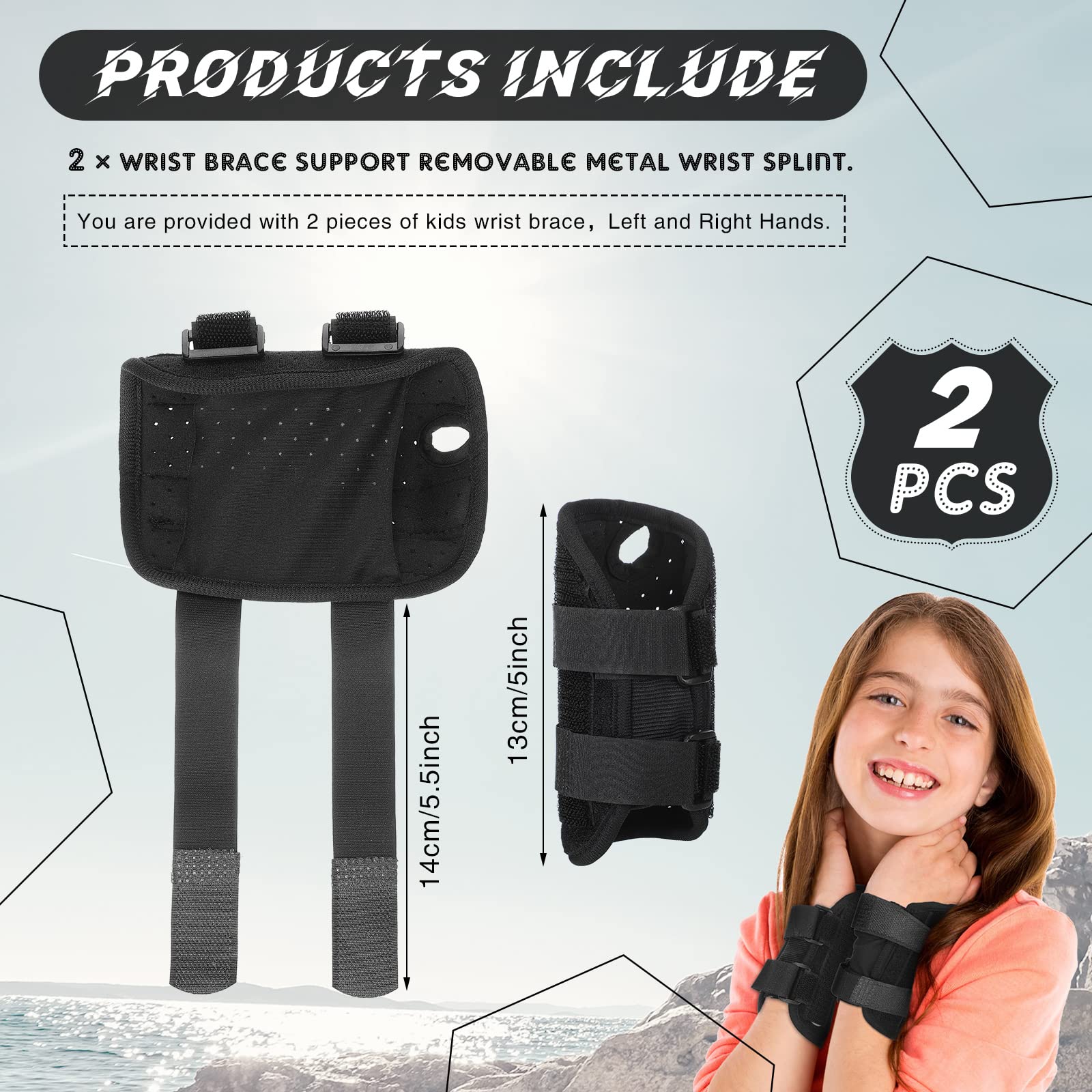 Konohan 2 Pcs Wrist Brace for Kids Youth Carpal Tunnel Black Splints Wrist Brace Night Support with Adjustable Compression Straps for Children Sports Sleep (Age 3-8)