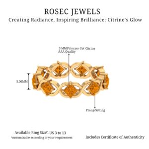 Natural Citrine Full Eternity Band, AAA Quality, Certified Princess Cut Citrine Anniversary Ring - With Jewelry Box, 14K Rose Gold, Size:US 9.50