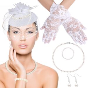 5PCS Fascinators Hat Veil Mesh Headband Set Tea Party Fascinators Set Lace Gloves, Pearl Necklace, Bracelet, Earrings (White)