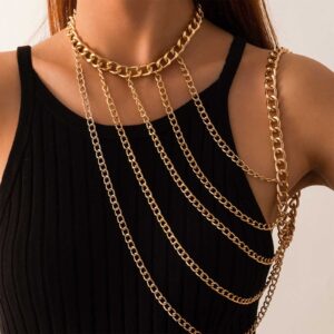 YienDoo Sexy Harness Body Chain Boho Gold Necklace Choker Shoulder Chain Multi Row Chunky Cuban Arm Chain Unique Layered Shoulder Necklace Body Chain Jewelry Accessories for Women