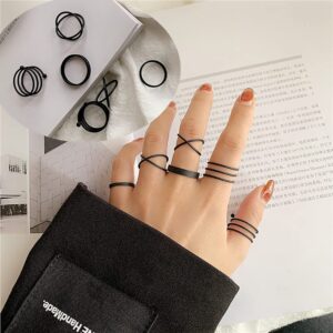 Black Rings for Women, Vintage Stackable Black Knuckle Rings Set Women Midi Rings Boho Crystal Pearl Sea Wave Finger Ring Pack (E-black-9pcs)