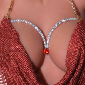 Tgirls Rhinestone Chest Chains Sexy Crystal Bikini Bra Chain Sparkly chest bracket bra Body Chain Bikini Body Jewelry for Women and Girls (Silver-up bra)