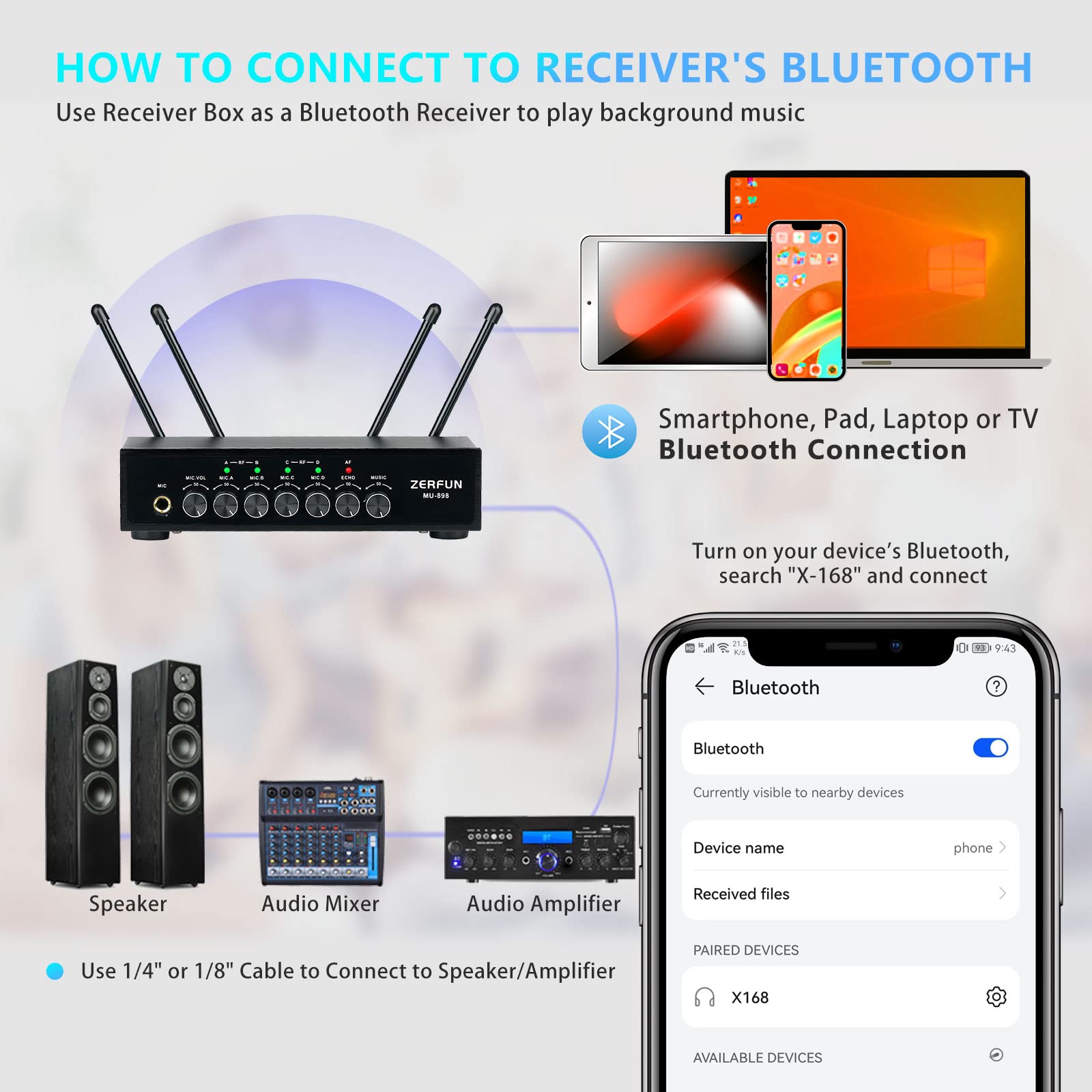 ZERFUN Pro Wireless Microphone System 4 Channel, UHF Metal Cordless Handheld Mics with Echo Bluetooth for Church Karaoke Singing, 4x50 Adjustable Frequency(MU-898 Battery 4 Handheld)