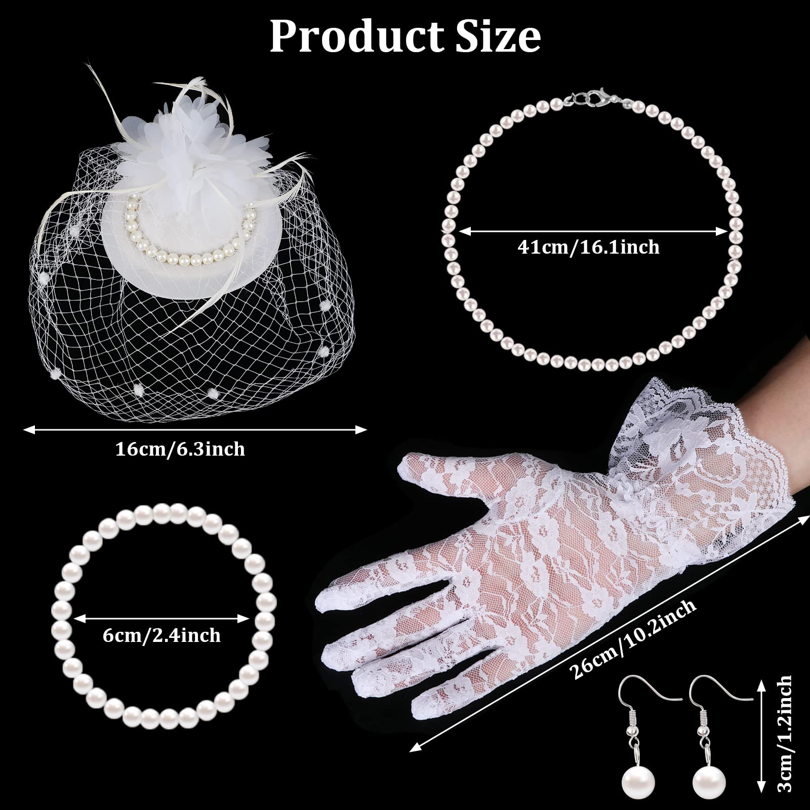 5PCS Fascinators Hat Veil Mesh Headband Set Tea Party Fascinators Set Lace Gloves, Pearl Necklace, Bracelet, Earrings (White)