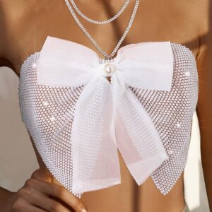 Wriidy Rhinestone Bra Bikini Sparkly Beach Top Mesh Fishnet Pearl Underwear Body Chain Accessories Nightclub Jewelry for Women and Girls (White)