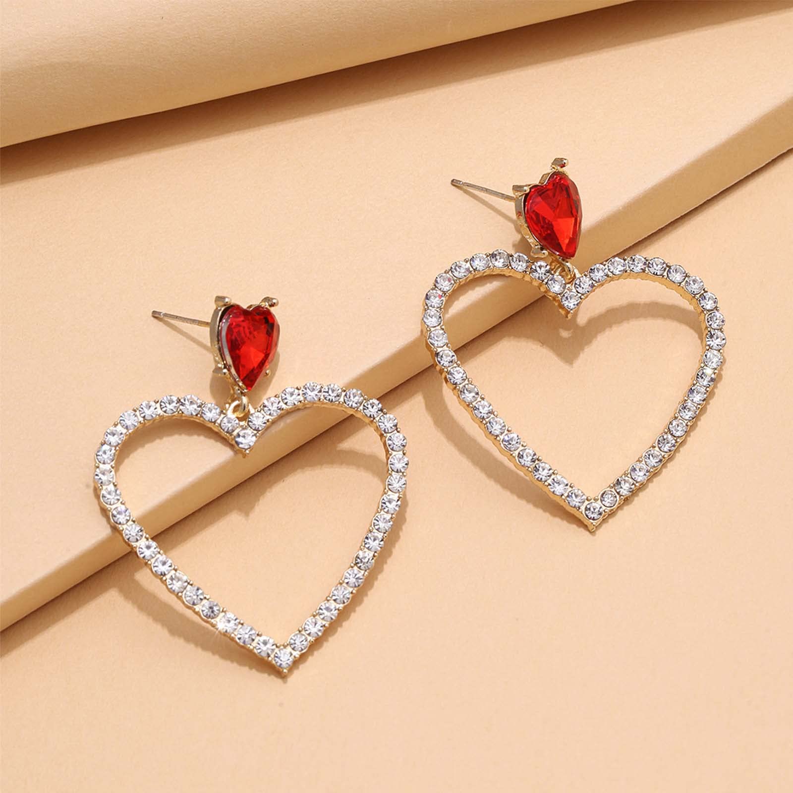 YienDoo Heart Crystal Hoop Drop Earrings Red Ruby Heart Stud Rhinestones Cluster Hollow Love Heart Dangle Earrings Gold Sparkly Exaggerated Bridal Prom Earrings Jewelry for Women Girls