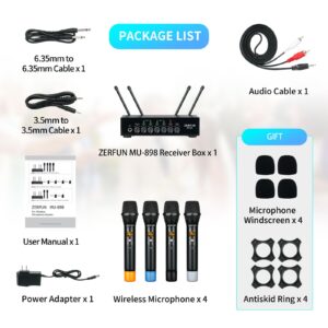 ZERFUN Pro Wireless Microphone System 4 Channel, UHF Metal Cordless Handheld Mics with Echo Bluetooth for Church Karaoke Singing, 4x50 Adjustable Frequency(MU-898 Battery 4 Handheld)