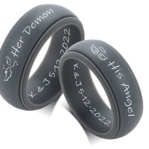 YUNGELX Customize Silicone Couple Rings Her Demon & His Angel Matching Ring for Him Her 8MM Dark Grey Breathable Silicone Rubber Step Edge Dome Comfort Fit Wedding Band Promise Engagement Rings Set