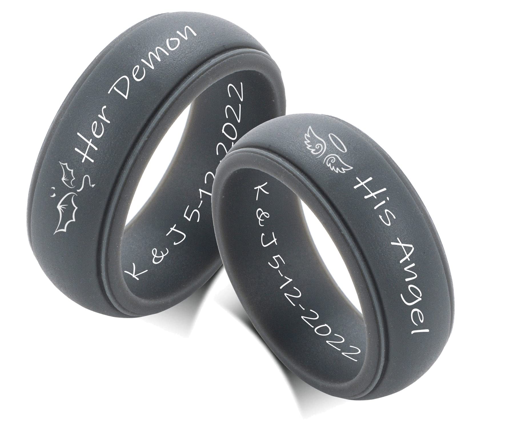 YUNGELX Customize Silicone Couple Rings Her Demon & His Angel Matching Ring for Him Her 8MM Dark Grey Breathable Silicone Rubber Step Edge Dome Comfort Fit Wedding Band Promise Engagement Rings Set