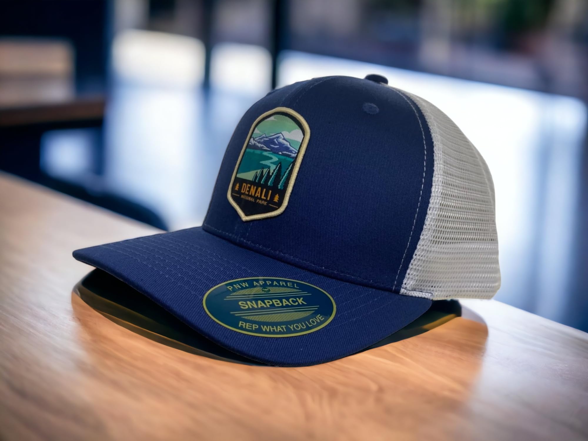 Denali Trucker Hat w/National Park Woven Patch (Navy/White)