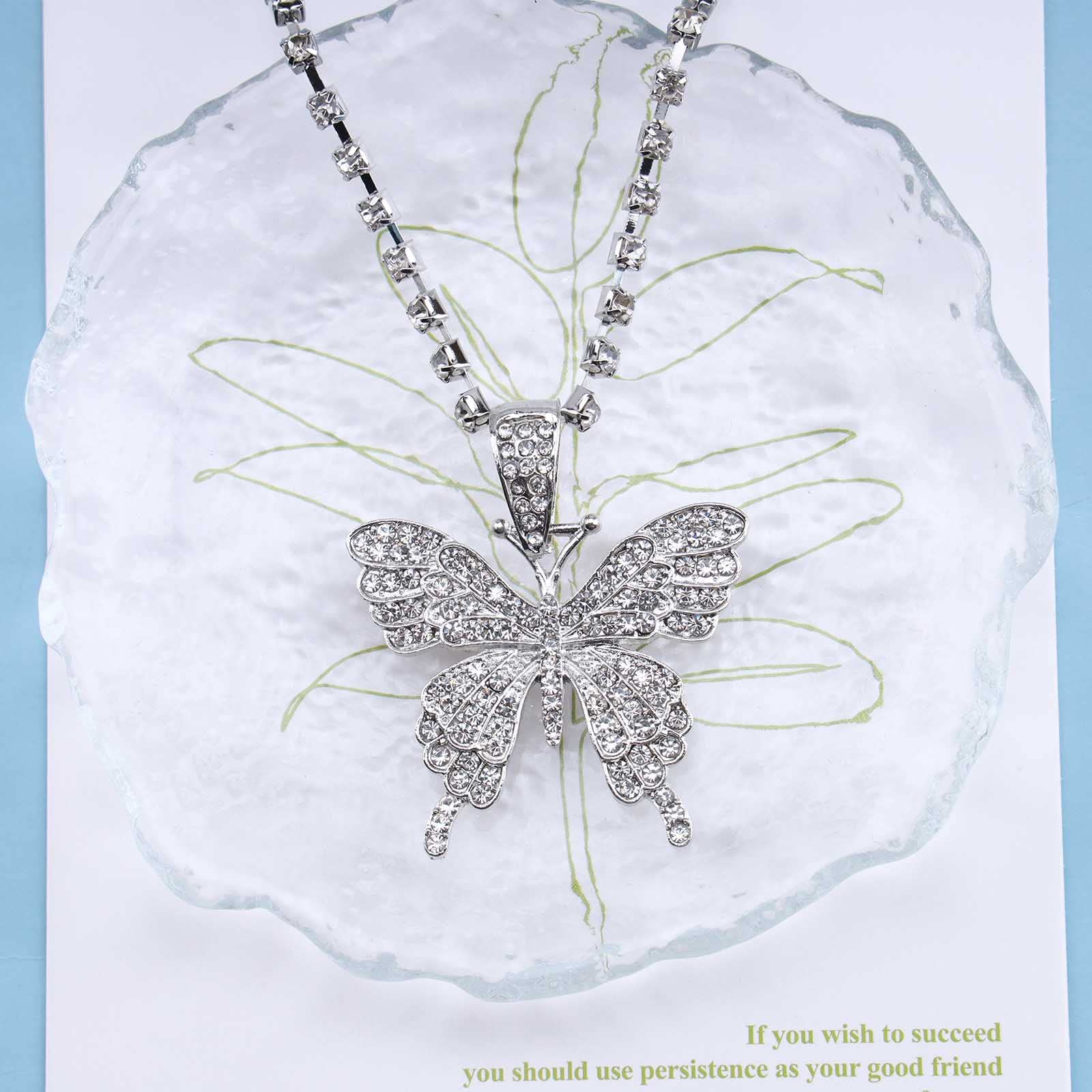 YienDoo Crystal Butterfly Necklace Choker Silver CZ Rhinestone Tennis Chain Sparkly Large Butterfly Pendant Necklace Charm Bling Crystal Butterfly Prom Necklace Jewelry Gift for Women