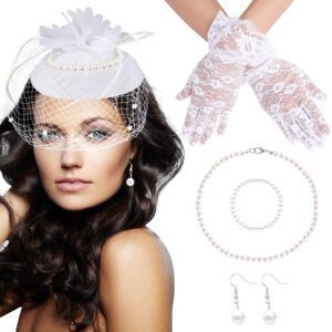 5PCS Fascinators Hat Veil Mesh Headband Set Tea Party Fascinators Set Lace Gloves, Pearl Necklace, Bracelet, Earrings (White)