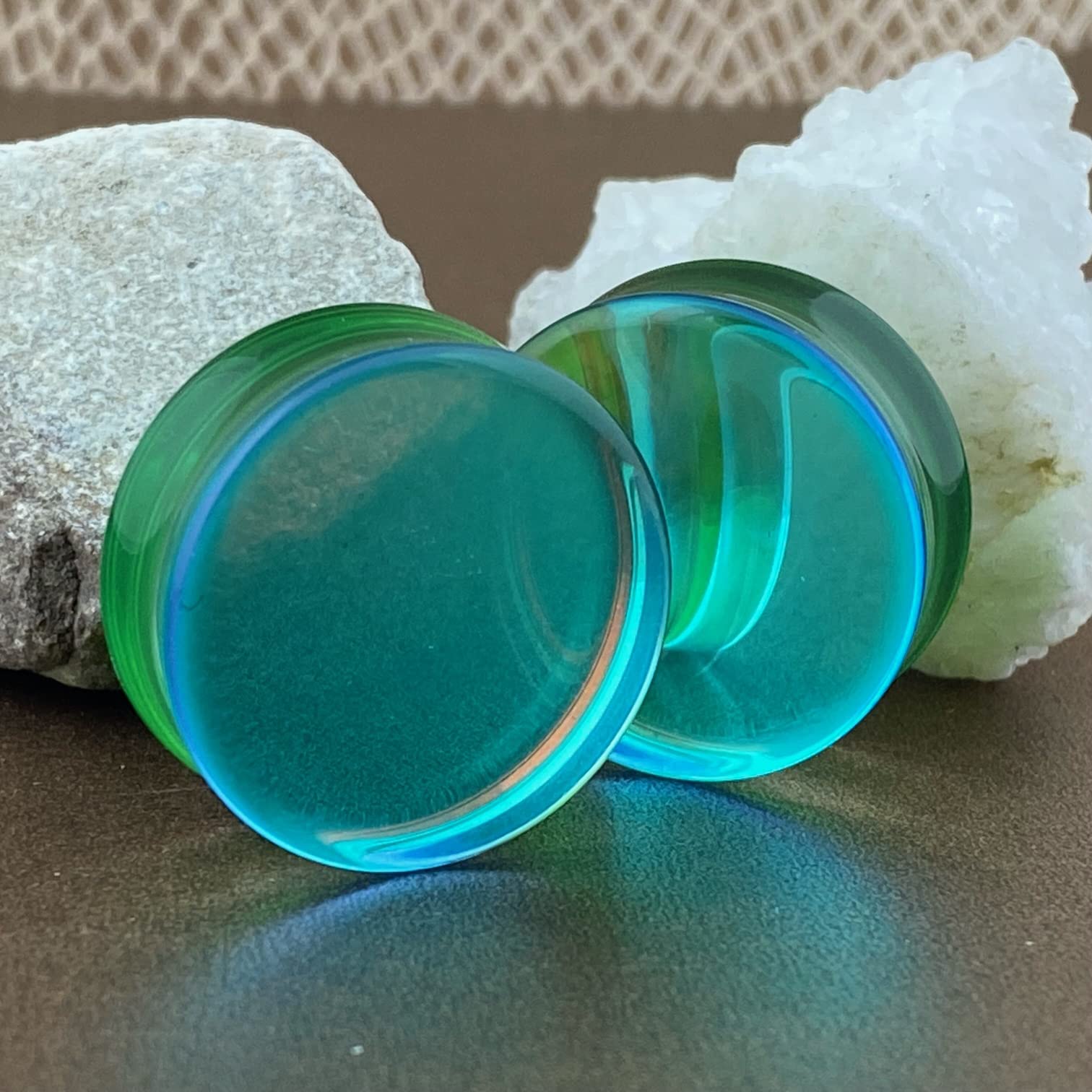 Mystic Metals Body Jewelry Pair of Green/Aqua Iridescent Double Sided Glass Plugs (PG-604) (00g (10mm))