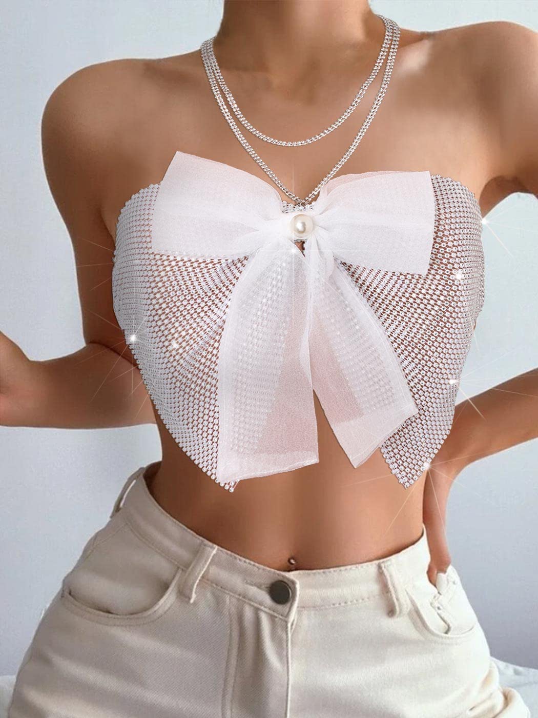 Wriidy Rhinestone Bra Bikini Sparkly Beach Top Mesh Fishnet Pearl Underwear Body Chain Accessories Nightclub Jewelry for Women and Girls (White)