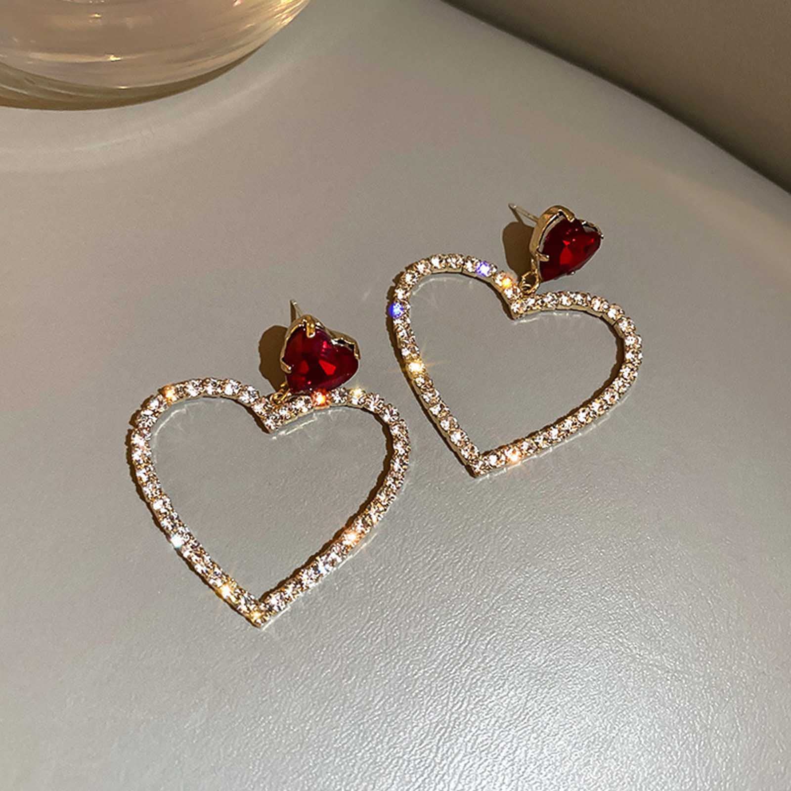 YienDoo Heart Crystal Hoop Drop Earrings Red Ruby Heart Stud Rhinestones Cluster Hollow Love Heart Dangle Earrings Gold Sparkly Exaggerated Bridal Prom Earrings Jewelry for Women Girls