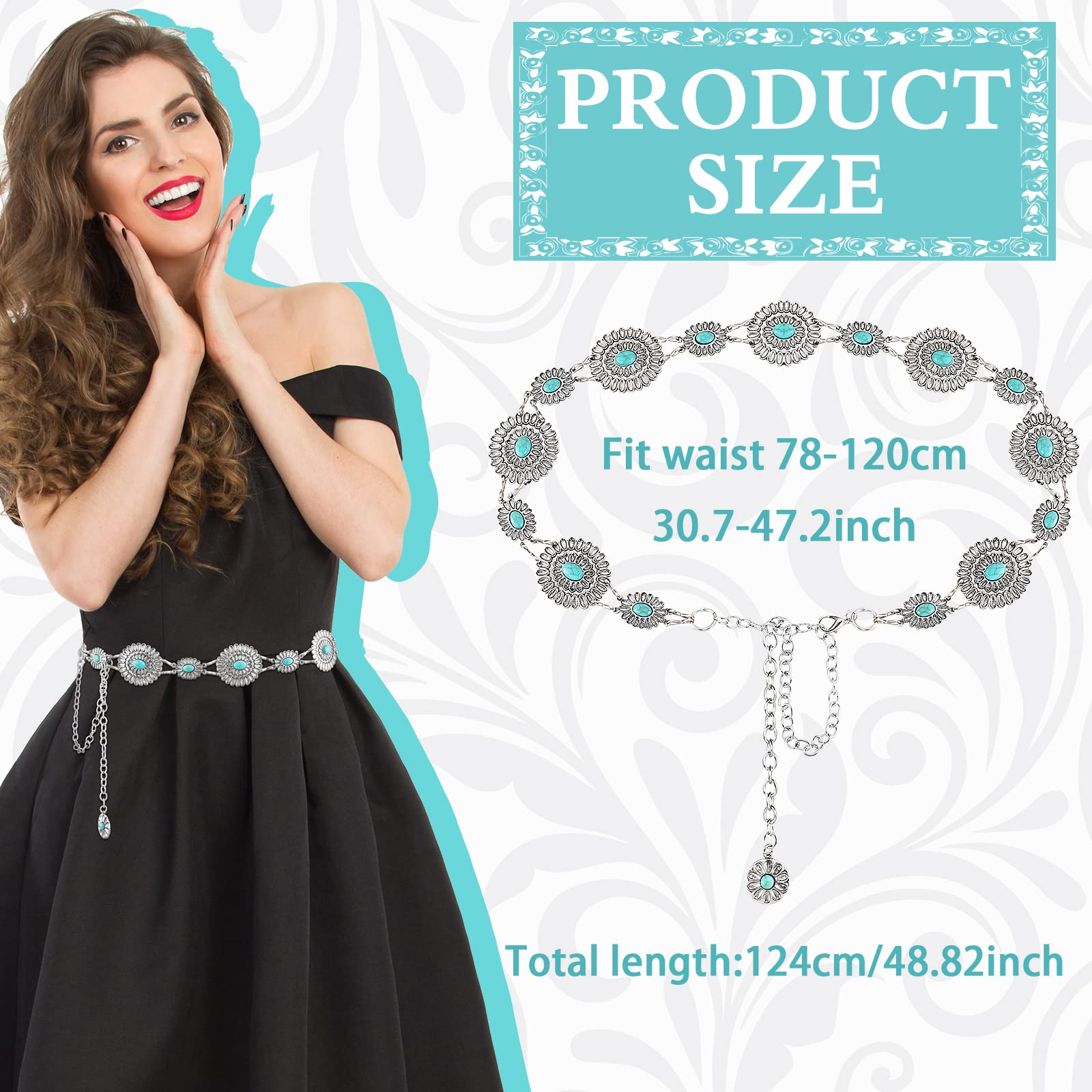 4 Pieces Women Turquoise Chain Belt Concho Belts Adjustable Western Metal Waist Chain Belt for Jeans Dresses