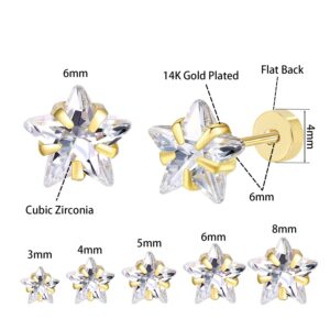 DAILI 5 Pairs Cubic Zirconia Earrings Studs: Gold Flat Back Stud Earrings for Women Hypoallergenic Surgical Stainless Steel Star CZ Stud Earrings for Helix Cartilage 3-8mm