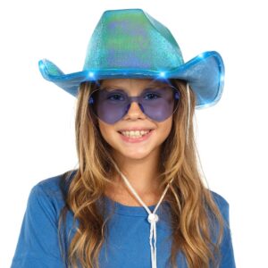 Funcredible Blue Light Up Cowboy Hat and Glasses - Led Cowgirl Hat for Girls - Neon Cowboy Hat - Cowgirl Costume Accessories for Women