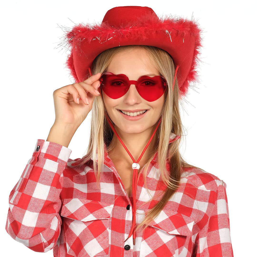 Funcredible Red Cowboy Hat and Glasses - Fluffy Cowgirl Hat with Star for Girls - Cowboy Hat with Feathers - Cowgirl Accessories - Halloween Accessories for Women