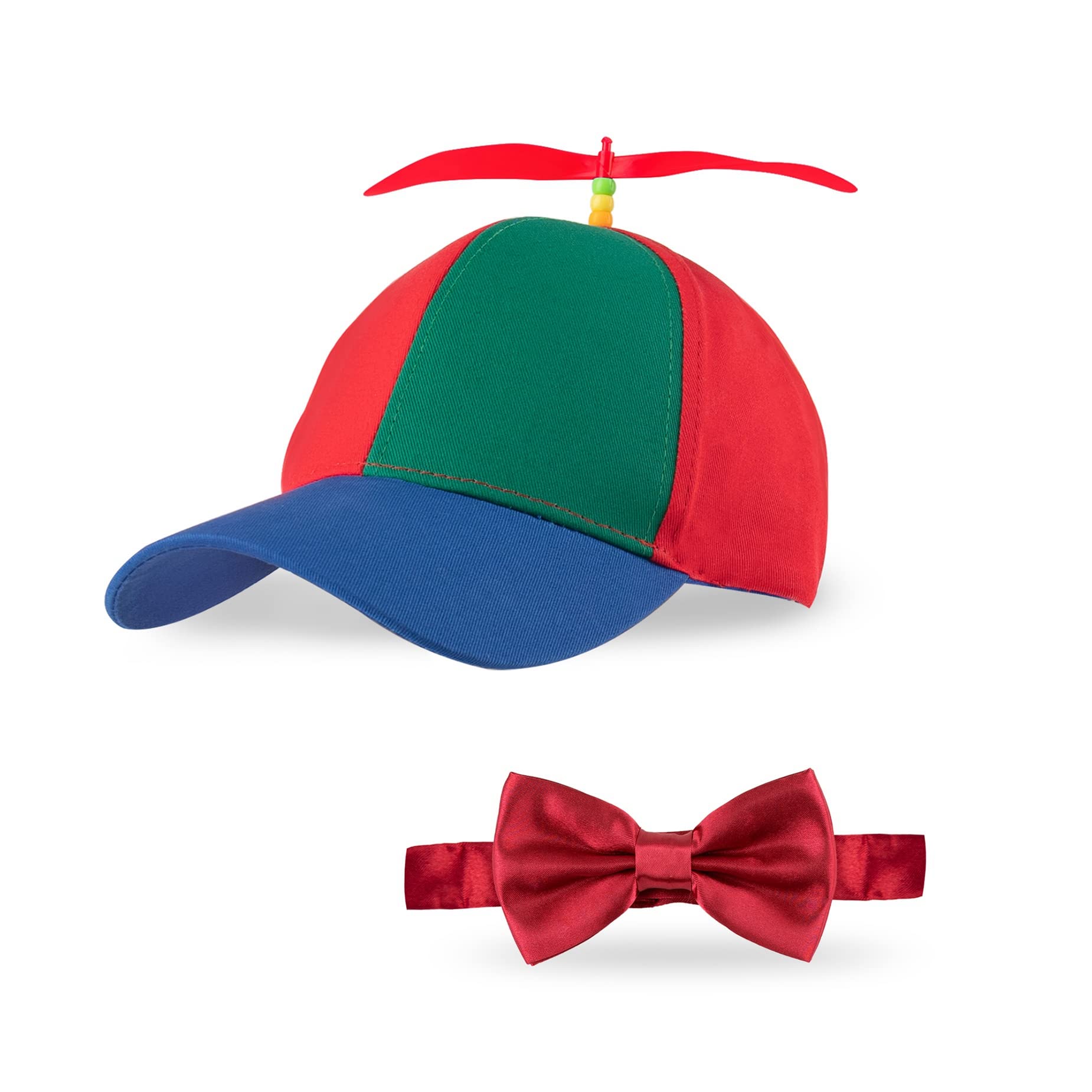 Framendino, Rainbow Propeller Hats Detachable Helicopter Top Cap Blue Brim Baseball Hats with Adjustable Red Bow Tie for Adult Costumes