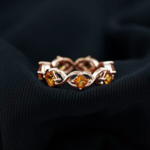 Natural Citrine Full Eternity Band, AAA Quality, Certified Princess Cut Citrine Anniversary Ring - With Jewelry Box, 14K Rose Gold, Size:US 9.50