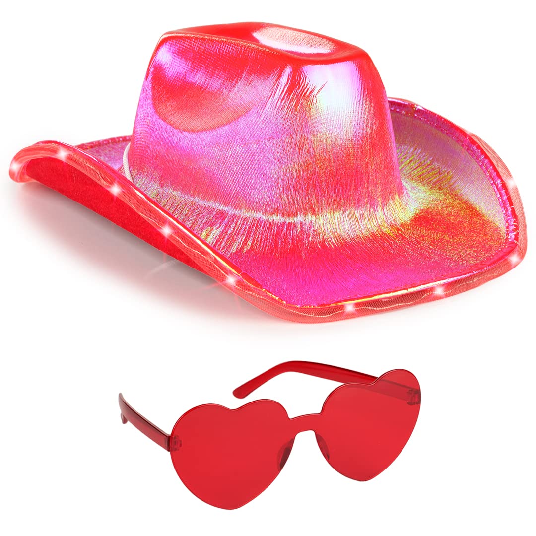 Funcredible Red Light Up Cowboy Hat and Glasses - Led Cowgirl Hat for Girls - Neon Cowboy Hat - Cowgirl Costume Accessories for Women