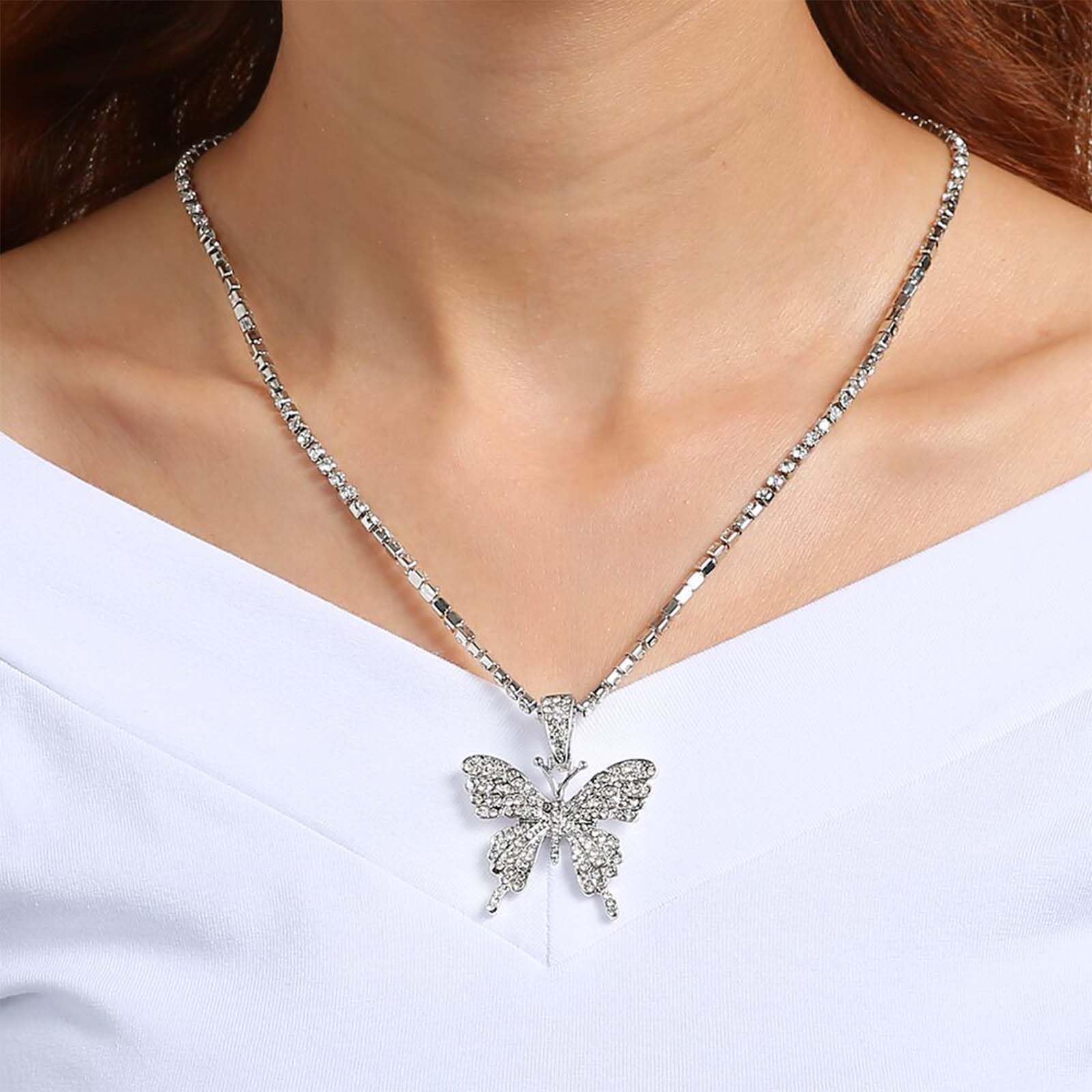 YienDoo Crystal Butterfly Necklace Choker Silver CZ Rhinestone Tennis Chain Sparkly Large Butterfly Pendant Necklace Charm Bling Crystal Butterfly Prom Necklace Jewelry Gift for Women