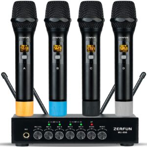 zerfun pro wireless microphone system 4 channel, uhf metal cordless handheld mics with echo bluetooth for church karaoke singing, 4x50 adjustable frequency(mu-898 battery 4 handheld)