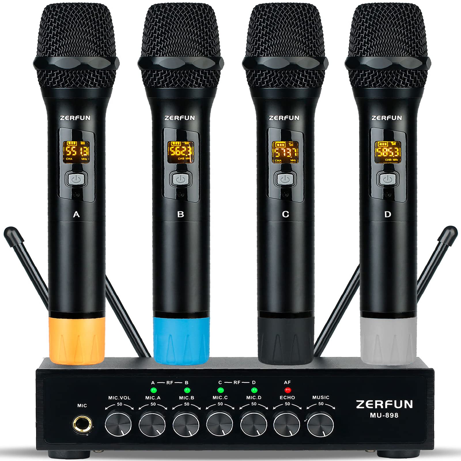 ZERFUN Pro Wireless Microphone System 4 Channel, UHF Metal Cordless Handheld Mics with Echo Bluetooth for Church Karaoke Singing, 4x50 Adjustable Frequency(MU-898 Battery 4 Handheld)